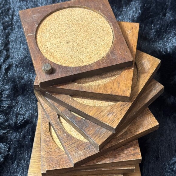 Vintage Wooden & Cork Square Drink Coasters From Japan Set Of 8 - Picture 1 of 5